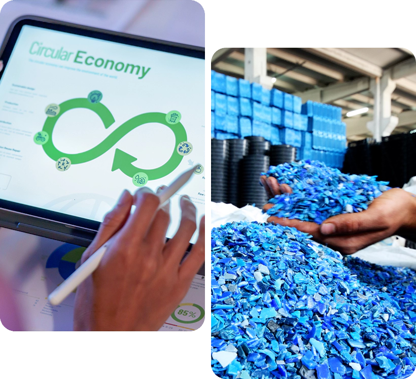 A person using an ipad and a table of blue plastic